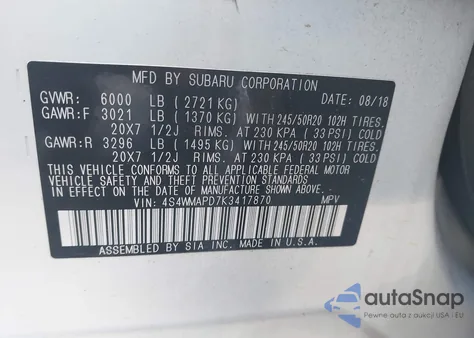 2019 Subaru Ascent Limited z USA, uszkodzony, nr VIN 4S4WMAPD7K3417870